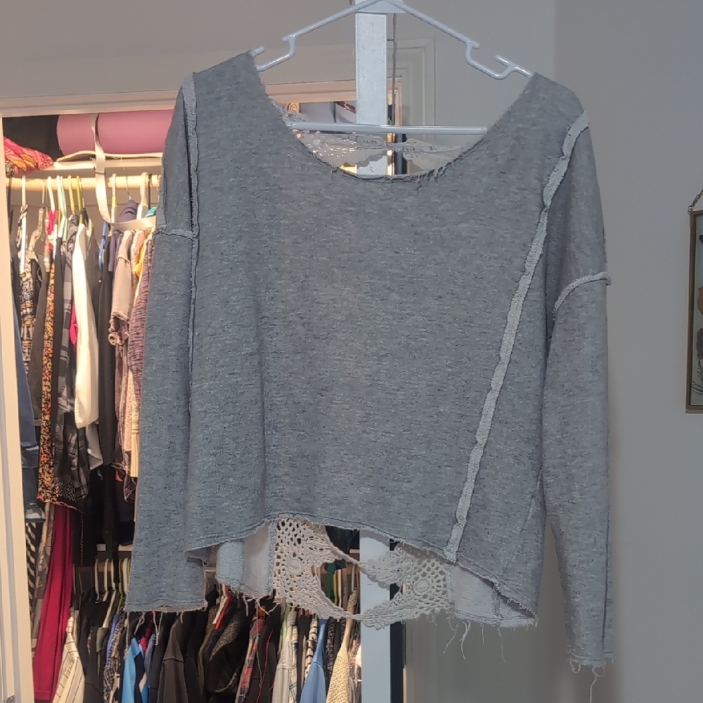 Gray Long Sleeve Top with Lace Hem